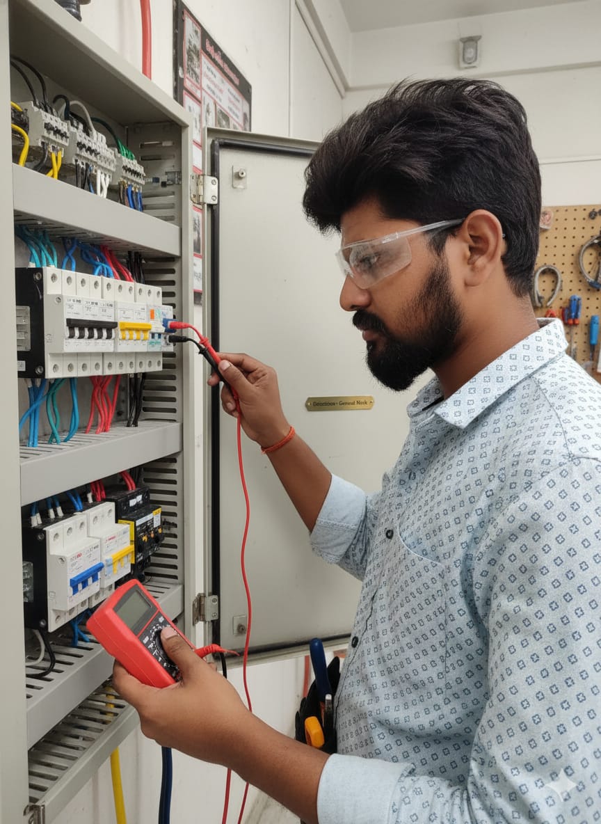 Professional electrician working on electrical panel in Warangal